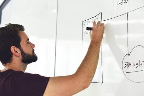 man drawing on whiteboard strategizing how to create lead generation websites