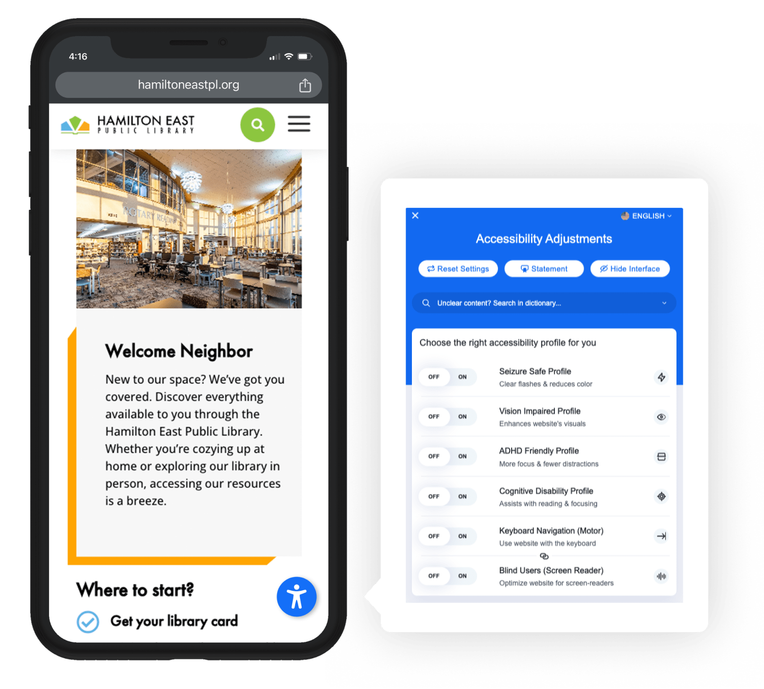 Screenshot of accessibility options on the Hamilton East Public Library website