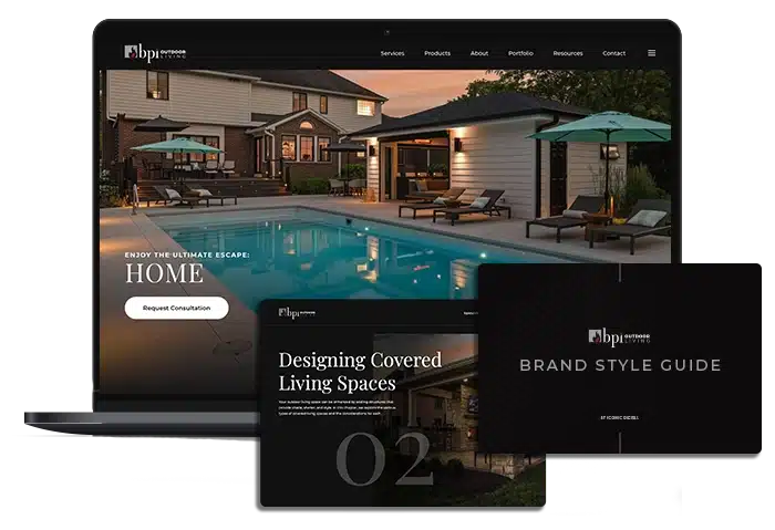 BPI Outdoor Living homepage and other branding materials